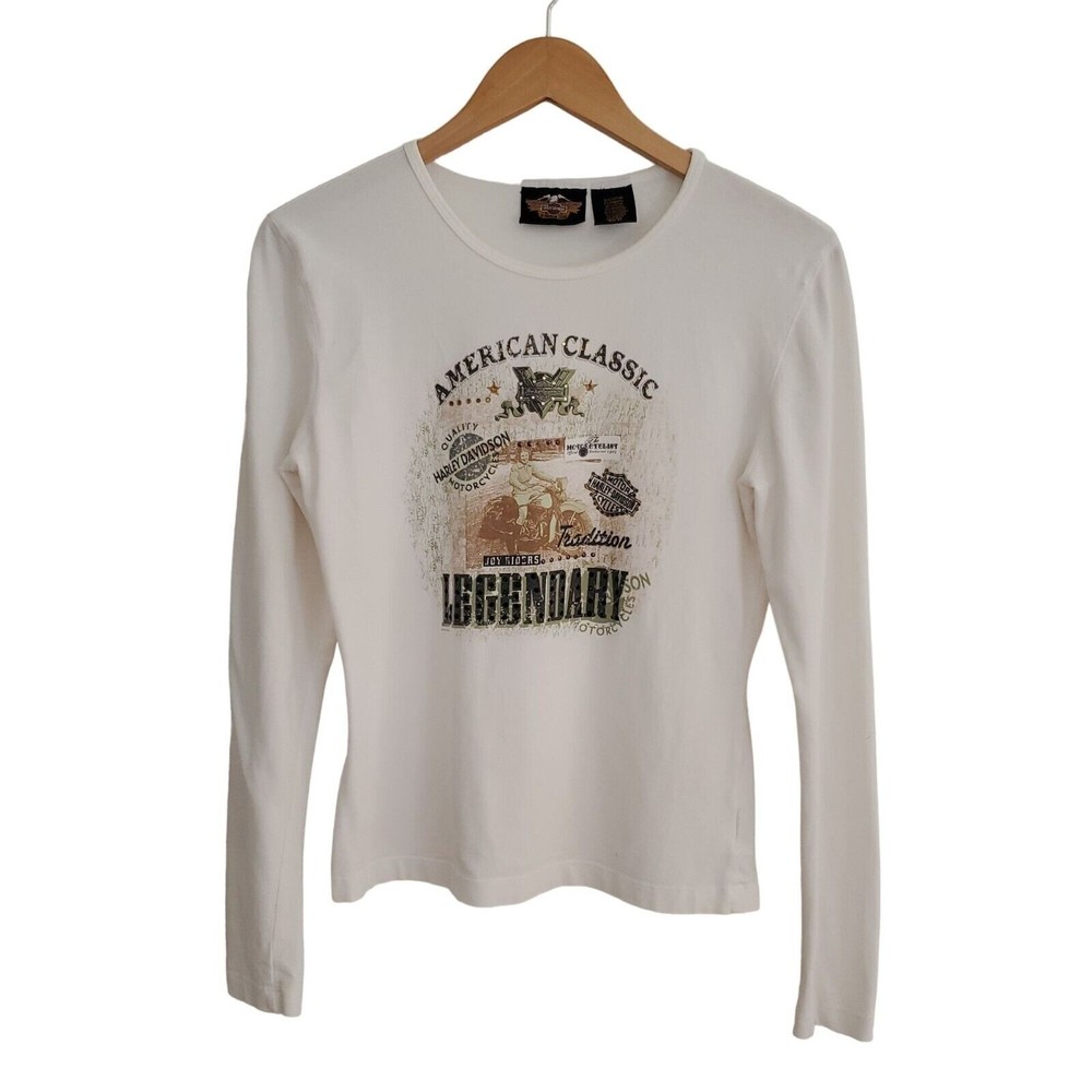 Harley Davidson White American Classic Legendary Long Sleeve Scoop Neck T Shirt